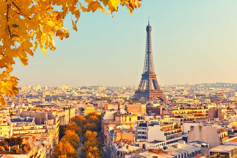 View on Eiffel tower at sunset during autumn season, Paris, France